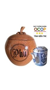Bình ủ trà gỗ dừa cao cấp khắc chữ Phú quý / Tùy chọn bình trà 05 - 08 - 13 - 20 lít / Giữ ấm 3 - 5 giờ / Hàng đạt OCOP 3 sao tỉnh Bến Tre năm 2023 / Sản phẩm mỹ nghệ dùng làm quà đặc trưng xứ dừa Bến Tre