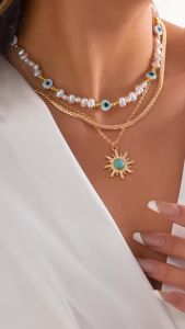 3pcs/set Ethnic Sunflower Green Stone Pendant Necklace Women Vintage Imitation-Pearl Devils Eye Beaded Collar Necklace
