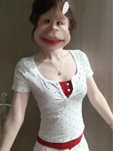 Áo Thun Tay Ngắn Cổ Chữ V Chấm Bi Chấm Bi Ôm Vừa Vặn Mùa Hè Cho Nữ Áo Thun Cotton Pha Trộn Thời Trang Thường Ngày