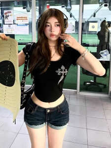 Áo Thun Cotton Tay Ngắn Cổ Tròn American Hot Bé Gái Cross Rhinestone Slim Fit Summer Cool Sensation Commute Style Pure Cotton