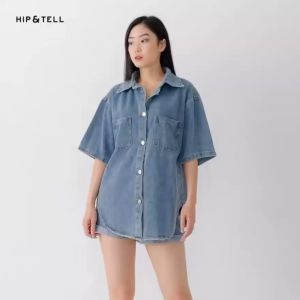 SJM KEMEJA OVERSIZE WANITA DUA SAKU KEREN LENGAN PENDEK BAHAN DENIM SNOW PREMIUM 2206