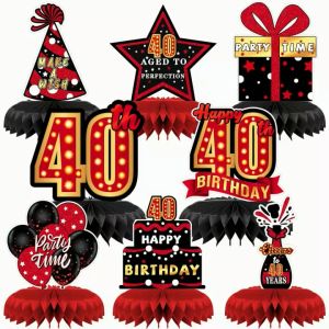 40th Birthday Decorations Red and Black Birthday Decorations Table Honeycomb Centerpieces 8Pcs Red Black Happy Birthday Table Topper Sign Party Supplies for Men Women  40th Birthday Table Décor