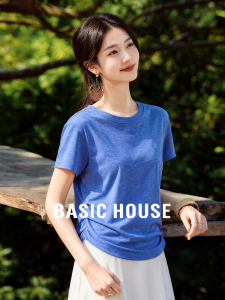 Basic House | Blue Round Neck Tencel Slim Fit Peplum Short Sleeve T-Shirt
