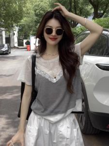 Áo Thun Tay Ngắn Ren Ghép Nối Mùa Hè Cho Nữ Dáng Rộng Thoải Mái Thiết Kế Độc Đáo Cổ Tròn Chất Liệu Cotton Pha Trộn