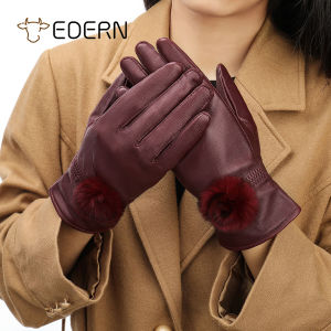 EDERN New Sheepskin Womens Gloves Touch Screen Winter Fleece Thermal Glove Fashion Genuine Leather Gloves Outdoor Windproof Warm Gloves