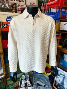 Mens Textured Polo Collar T-Shirt Diamond Pattern Long Sleeve