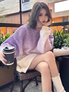 Áo Nỉ Len Lông Cừu Màu Tím Chuyển Đổi Cho Nữ Mùa Đông 2024 Cỡ Lớn Rộng Rãi Dáng Dài Vừa Phải Dày Dặn Thời Trang