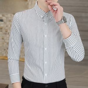 HENGYUANXIANG | Hengyuanxiang 2025 New Mens Slim Fit Long Sleeve Striped Shirt Khaki Color Trendy Casual Spring Autumn High End Button Up Shirt