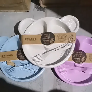 3Pcs Divided Plate Divided Dish with Fork Spoon Reusable Round Dinner Plate Kitchen Dinnerware分餐盘/减脂盘