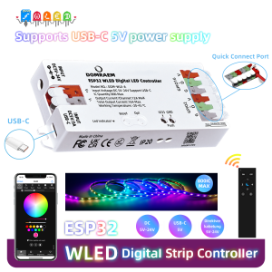 DOMRAEM ESP32 WLED DIY Controller Works with HA/Alexa 2CH 16A Fuse Supports WS2811/12/12B/13/14/15/05/SK6812 Digital LED Strips