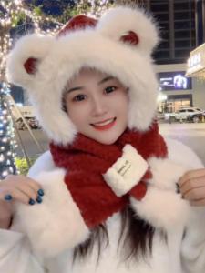 Thickened Bear Ear Warmer Hat Scarf Set Womens Winter Fashion Cute Fluffy Anti-Cold Windproof Warm One-Piece Design Travel Friendly