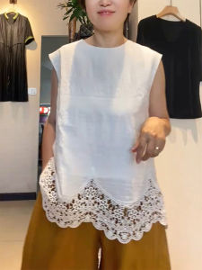 QINGNAER | Hepburn Style Lace Crochet Embroidery Round Neck Sleeveless Blouse