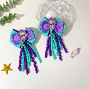 2Pcs Girls Mermaid Bow Hair Clips Cute Cartoon Mermaid Pearls Hairpins Octopus Curled Grosgrain Ribbon Barrette Hair Accessories