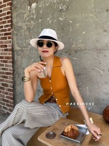 Áo Len Cổ Polo Kiểu Pháp Cổ Điển Không Tay Cổ Chữ V Dệt Kim Co Giãn Ôm Vừa Vặn Đa Năng Mùa Hè Cho Nữ Áo Vest Không Tay