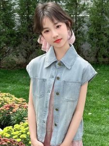 Girls Summer Fashionable Denim Vest Princess Dress Set Korean Style Halter Skirt Elastic Waist Medium to Large Childrens Clothing