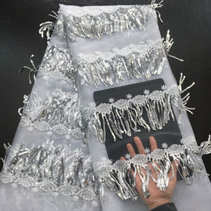 Vải Ren Lưới Phong Cách Dân Tộc Châu Phi Đính Sequin & Tua Rua Dùng Cho Váy Cưới Vải Tuyn Nigeria Trang Phục Nữ Khổ 51/52