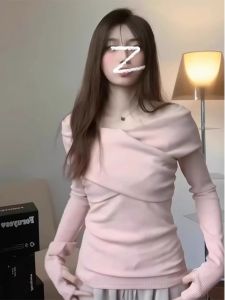 Cross Back Long Sleeve Knitted Sweater Womens Fashion Slim Fit Inner Wear Shoulder Bared High Fashion Autumn Winter Clothes