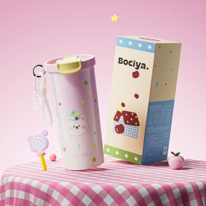Bociya Portable Insulated Coffee Cup High Aesthetic Value Travel Friendly Ladies Cup with Straw Childrens Water Bottle