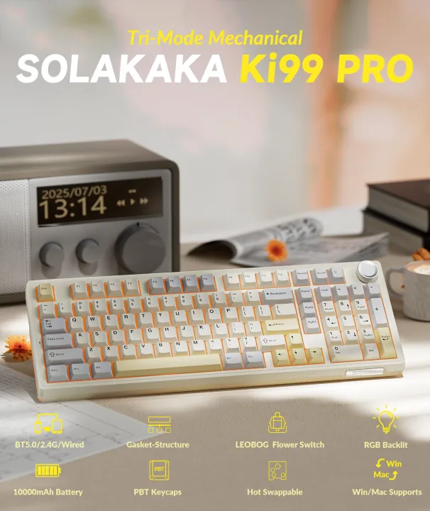SOLAKAKA Ki99 PRO Mechanical Keyboard 99 Keys Tri-mode Hot Swap RGB With Knob Customized Keyboard Suitable for office games