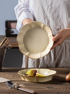 Retro Thick Earthenware Petal Plate Japanese Ceramic Dim Sum Fruit Creative Salad Dish Home Use Vegetable Plate High End Sense