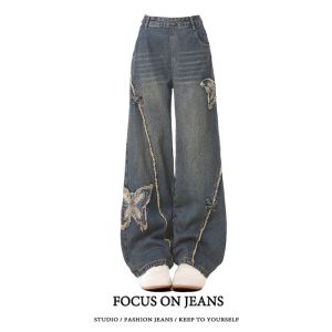 Retro American Butterfly Patchwork Frayed Denim Jeans High Waist Straight Leg Floor-Length Womens Autumn New Street Design