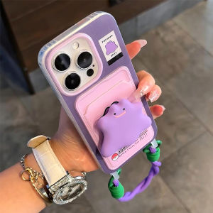 Casepark Lanyard Wallet Card Holder Phone Case For iphone 15 promax iphone 15 plus 16 14 13 12 11 Pro Max 7Plus X Xr Xs Max Cartoon Cute Purple Monster Bracket With Lanyard 2024 New ins Style Phone Case Silicone Protective Cover