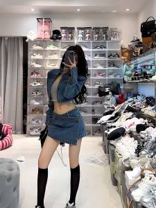 Retro American Denim Set Áo Khoác Ngắn Váy Bộ Hai Mảnh Vintage Feel Spring 2024 Thời Trang Nữ Polyester Đồng Phục Làm Việc