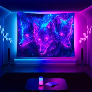 VIKAMA Cyber ​​Wolf Soul Neon Bầu Trời Đầy Sao Tấm Thảm Ba Con Sói Mắt Đỏ Chủ Đề Cho Phòng Thể Thao Điện Tử Trang Trí Tiệc Vải Polyester