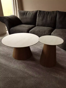 GOOFANSER | Italian Minimalist Retro Walnut & Travertine Round Side Table