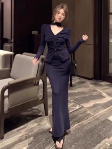 High Waist Halter Neck Long Sleeve Fashion Set Womens plus Size Skirt And Top Ensemble Korean Style Uniform Bodycon Midi Dress