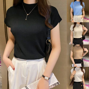 Korean Style Half High Neck Short-sleeved Knitted Blouse Top for Women