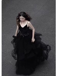 Black French Style Small Size Evening Gown 18 Years Old High Waist Puffy Skirt Long Dress for Adult Ceremony And Party