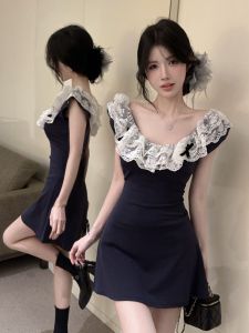 GUZILIAN | Váy ngắn không tay cổ chữ V ren xếp ly Pure Desire cho nữ Váy ngắn bó sát cạp cao phong cách Hàn Quốc mùa hè 2025