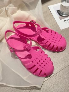 Summer Fashion Simple Holiday Beach Flat Bottom Jelly Shoes Retro Barbie Pink Magenta Color White Roman Sandals Women