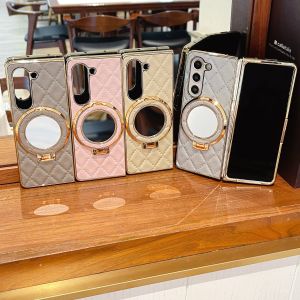 For Samsung Galaxy Z Fold 7 6 5 4 3 Z Fold 7 Cases leather Cover Luxury Cosmetic mirror holder Bracket Phone Case