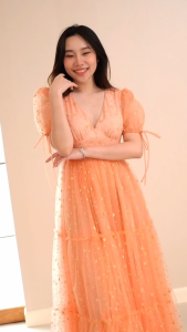 MG006O-0620 : เดรสเจ้าหญิง สีส้ม Orange mesh dress tulle skirt
