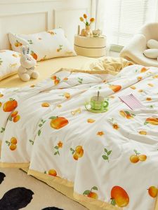 Summer Lightweight Washable Cotton Linen Orange Fruit Design Air Conditioner Quilt Set Four Pieces Light Cool Durable Bedding