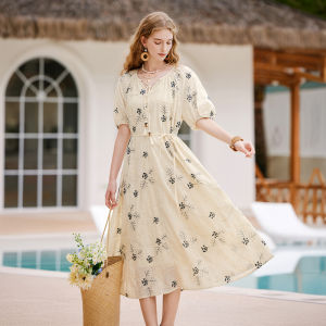 XIANGYING | French Style V-Neck Embroidered Flower Bubble Sleeve Tassel Waist Dress