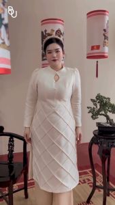 Áo dài khoét giọt lệ tà ô trám đính đá + Quần be BIGSIZE (55kg đến 95kg) - 23SCT04 - [BUStu Bigsize]