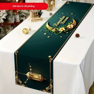 Vải Trải Bàn Ramadan Màu Xanh Ngọc Và Vàng Của VIKAMA Chất Liệu Vải Lanh Chống Thấm Nước Chống Dầu Dùng Trang Trí Bàn Ăn Trong Dịp Lễ Hội
