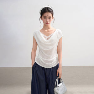 BAIDAIFEI | White Lace Faux Two-Piece Flared Neck Sleeveless Waist-Cinching Short Top