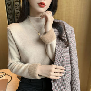 Thickened Warm Knitted Sweater Womens Half High Collar One-Piece Fleece Inner Wear Fashionable Solid Color Commute Style