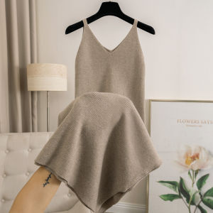 Autumn Wool Pure Color Knitting Sling Dress Female V Neck Slit Slim-Fitting Inner Wear Skirt Outwear Base Sweater Dress