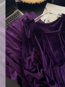 New Chinese Style Autumn Fashion Womens plus Size French Elegance Wide Lady Elegant Purple Velvet Dress Commute Style Low Waist A-Line Skirt Long Sleeve