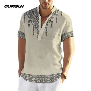 Mens Shirts Ethnic Tribal Style Shirts Stand Collar Retro Traditional Henley Shirts 3D Printed Pattern Loose Breathable Large Size Clothing