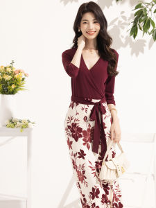 ชุดเดรสผู้หญิง IULV ทรงเอวสูง คอวี แขนยาว กระโปรงทรงเอ ทรงเข้ารูป สีแดง ชุดเดรสผู้หญิงสุดหรูหรา