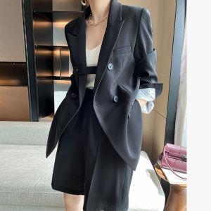 Black Drapey Suit Set Womens Casual Korean Style Slimming Spring Autumn New Fashion Suit Coat Long Sleeve Commute Polyester