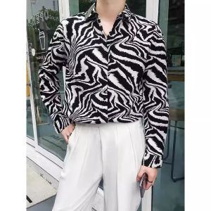 Fall and Winter Fancy Zebra Pattern Shirt Mens Trendy Loose K-style Ins Long Sleeves Versatile Inner Match Fashion Shirt Handsome