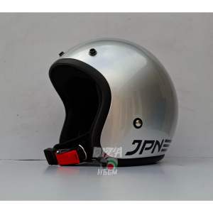 Helm Bogo Retro JPN silver metalik paket kaca datar dan kaca cembung