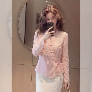 YIKEMAI | Feminine V-neck Pink Embroidered Tied Waist Shirt